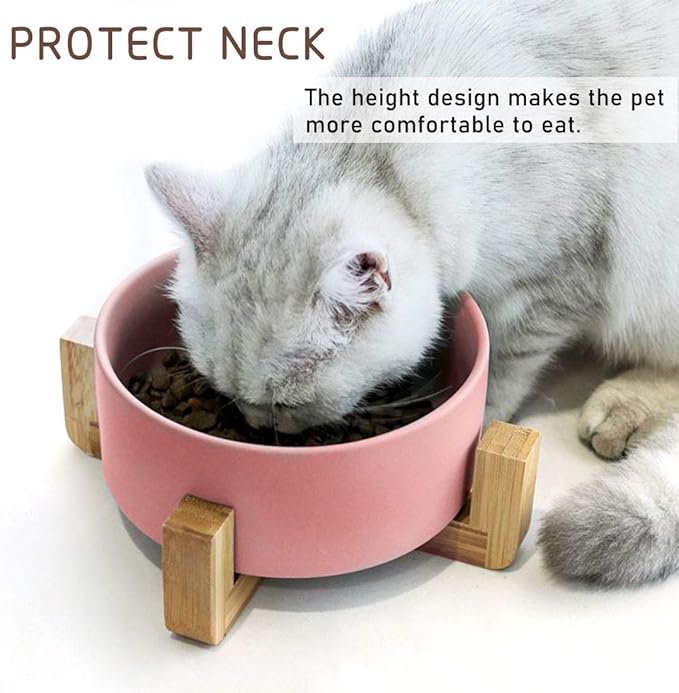 Petygooing Ceramic Cat Dog Bowl Set with Stand,Pink Pet Food and Water Dish,Small Dog Bowls Anti Slip Set of 2 Cat Bowls Pet Food Dishes Pet Bowl Small Size Pet (13.5OZ/5.1 in)-Mewly Pet