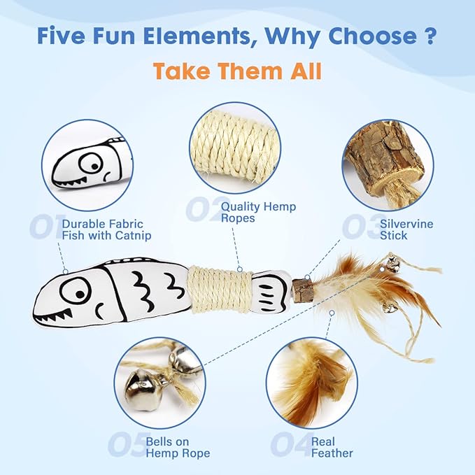 Snowlove 3-Pack Cute Catnip Feather Toys with Silvervine Rope & Bells-Mewly Pet