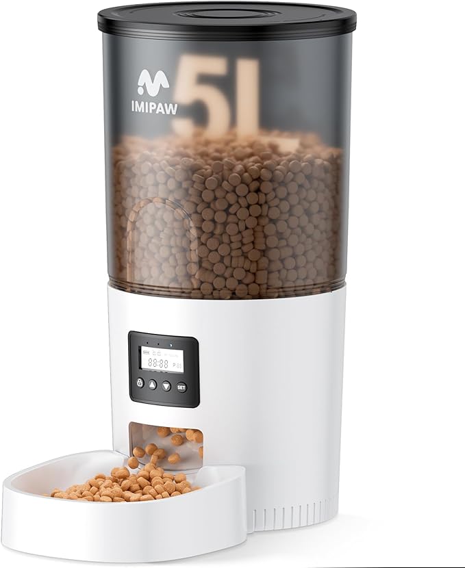 Automatic Cat Feeders, 5L Large Capacity, Timed Feeding Dry Food, Dual Power Design, Programmable Portion Size, 1-6 Meals Per Day, with Desiccant Packet, Suitable for Small Pets Food Dispenser-Mewly Pet
