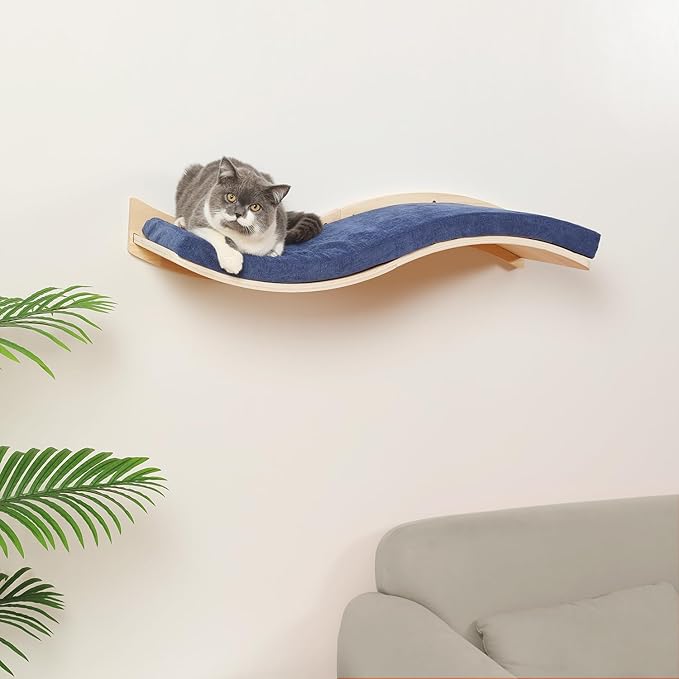 Cat Wall Shelves for Large Cats - Wall Mounted Furniture with Comfortable Cushion, Perfect Perch and Bed for Multi-Cat Households - 35 inch Wavy Shelf for Climbing, Playing, Resting, and Lounging-Mewly Pet