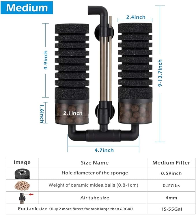 hygger Sponge Filter, Aquarium Filter Double Sponge Replaceable Media with 4 Biochemical Sponges and 1 Bag of Filtered Ceramic Balls Ultra Quiet Filter Fish Tank (S/M) (M for 15 to 55 Gallon Tank)-Mewly Pet