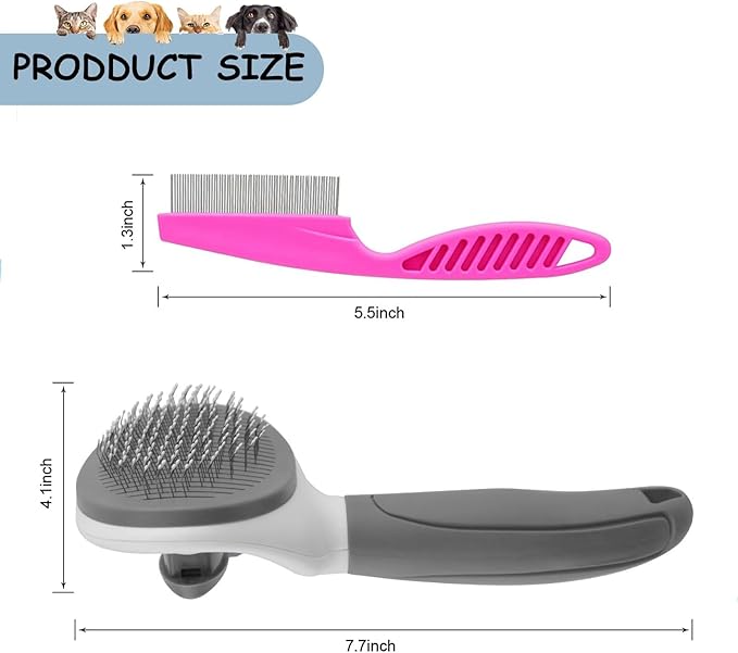 Cat Brushes for Indoor Cats, Dog Brush for Shedding with Metal Cat Comb, Self Cleaning Pet Hair Brush with Release Button for Grooming Kitten(Dark Grey)-Mewly Pet