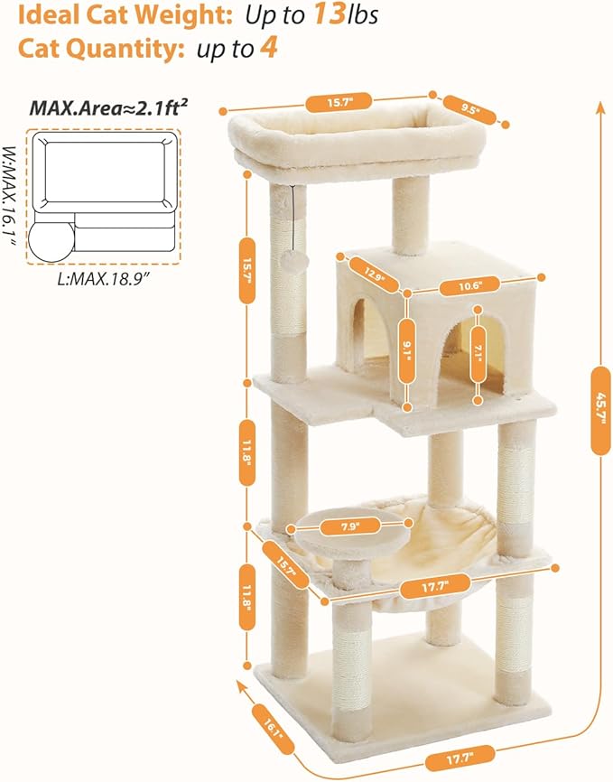 PETEPELA 45.7" Cat Tree for Indoor Cats, 5-Level Cat Tower for Large Cats with Metal Frame Large Hammock (17.3"x15.3"), Cat Condo with (18.5"x13") Big Top Perch & 4 Sisal Covered Scratching Post Beige-Mewly Pet