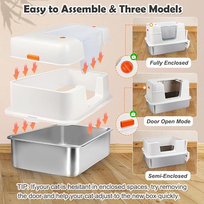 Vivifying Stainless Steel Litter Box with Lid, XL Side Entry Extra Large Litter Box for Big Cats & Kitty, Removable Enclosed Metal Cat Pan with High Sided Enclosure, Scoop, Mat, Footboard (Beige)-Mewly Pet