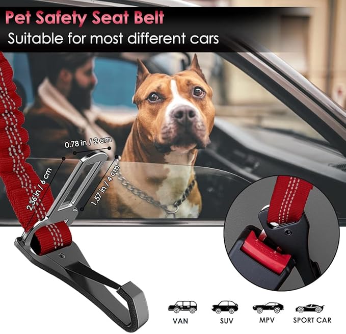 SlowTon Dog Seat Belt, Adjustable Dog Safety Belt Leash, 2 in 1 Latch Bar Attachment Dog Car Seatbelt with Elastic Nylon Bungee Buffer, Reflective Nylon Belt Tether Connect to Dog Harness (Red)-Mewly Pet