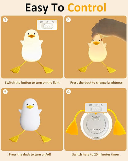Attivolife Duck Night Light for Kids, Cute Animal Silicone Lamp Touch Control + Dimmable + Timer, USB Rechargeable LED Feeding, Bedside Bedroom Decor Birthday Gifts for Toddler Baby Women