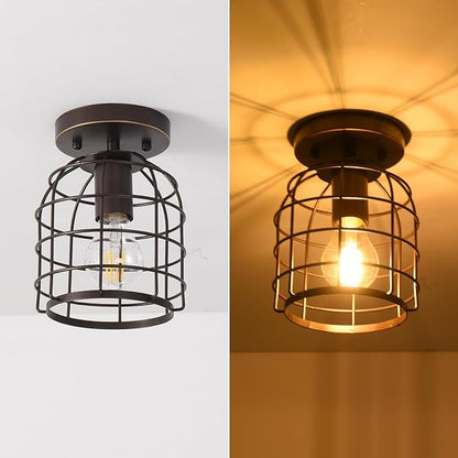 Create For Life® Industrial Vintage Flush Mount Ceiling Light,Rustic Metal Cage Semi Flush Mount Ceiling Lamp Fixture for Hallway Stairway Kitchen Garage, E26, Oil Rubbed Bronze Finish,2 Pack