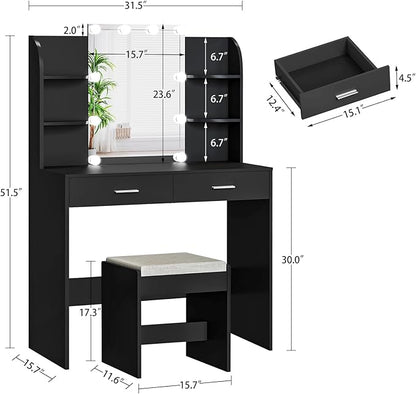 usikey Vanity Desk with Mirror & Lights, Makeup Vanity Table with 2 Large Drawers, 6 Storage Shelves & Stool, Bedroom Dressing Vanity Table with 3 Color Light Adjustable, Black