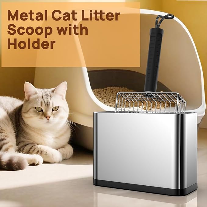 Heavy Duty Stainless Steel Cat Litter Scoop with Holder - Non-Slip Handle, Quick-Sifting Grid & Easy to Clean-Mewly Pet