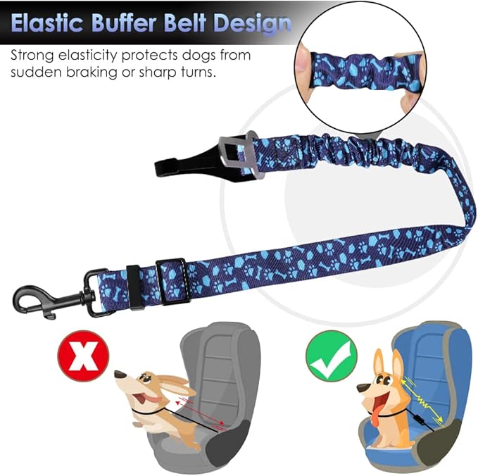 SlowTon Dog Seat Belt, Adjustable Dog Safety Belt Leash, 2 in 1 Latch Bar Attachment Dogs Car Seatbelt with Elastic Nylon Bungee Buffer, Reflective Nylon Belt Tether (BL,35.5in)-Mewly Pet