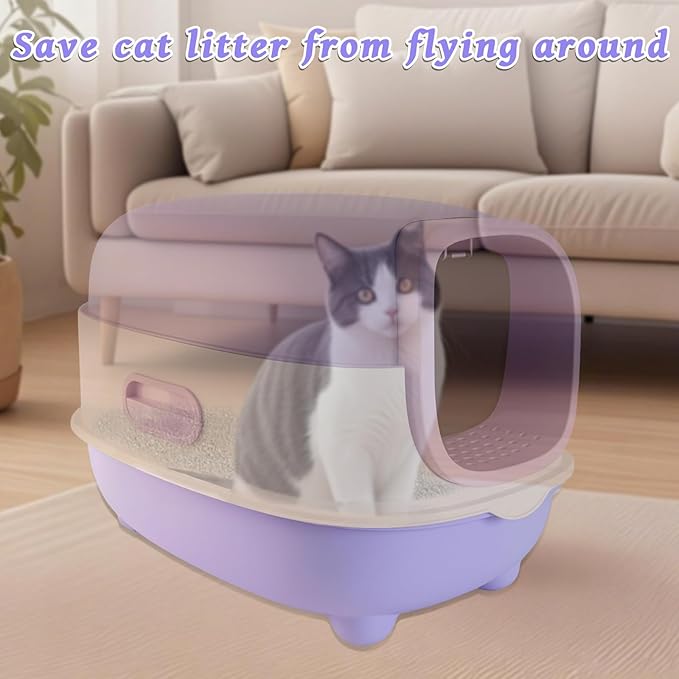 Large Cat Litter Box with Cat Litter Scoop, Foldable Litter Box with Lid, Front Entry and Exit Leak-Proof Litter Cat Box, Odor Control, Easy to Clean (Purple)-Mewly Pet