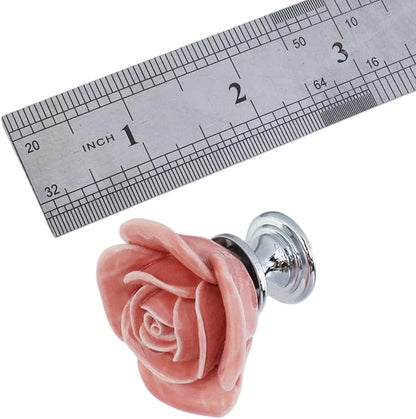 8PCS 1.57" × 1.3" Ceramics Peach Rose with Base Knobs Flower Shaped Pulls for Cupboard Drawer with 2 Kinds of Screws