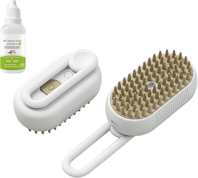 Cat Steam Brush - 5 In1 Grooming Kit for Cats and Dogs Silicone Massage Tool - Stainless Steel Nail Scissors - Hair Detangling Comb - Water Spray Rechargeable Shedding Wash-Free Essence (White)-Mewly Pet