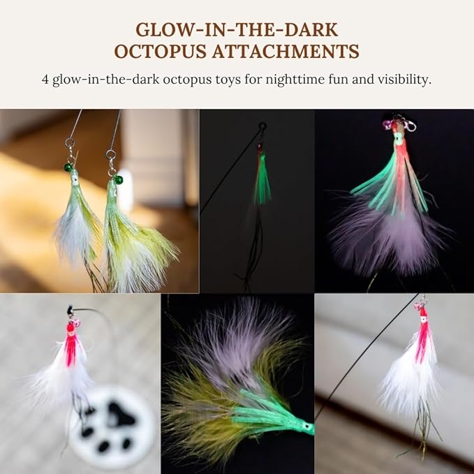Cat Wand Toy with Round Base – Interactive Feather & Glow-in-The-Dark Octopus Attachments – Suction Cup Cat Toy for Indoor Cats & Kittens-Mewly Pet