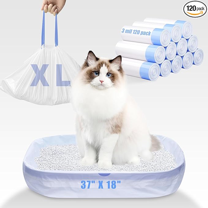 120 Pack Jumbo Cat Litter Bags-3MIL Extra Thick Leakproof Litter Box Liners, 37"x18" Heavy Duty Drawstring Cat Litter Liners for Automatic Litter Box, Odor Control Disposable Kitty Litter Bags 12 Roll-Mewly Pet