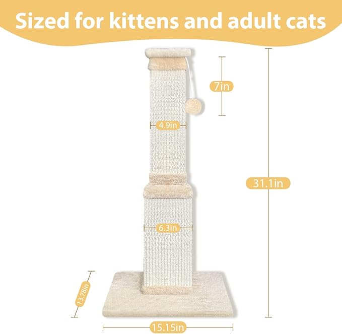 AGYM Cat Scratching Post, 32 Inch Cat Scratching Post for Large Cats, Scratching Posts for Indoor Cats Adults, Cat Scratch Post with Nature Sisal, Beige-Mewly Pet