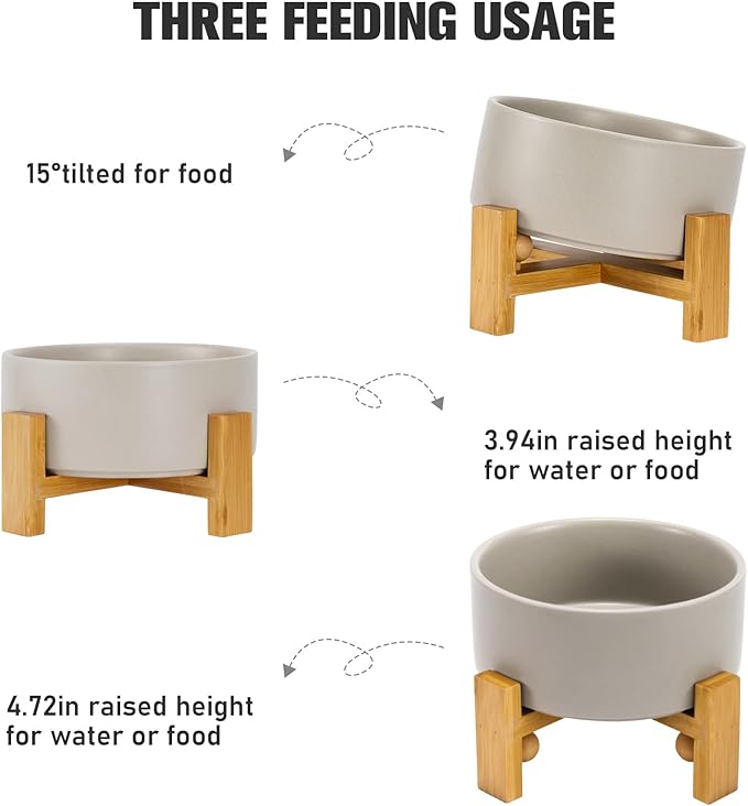SPUNKYJUNKY 15° Slanted Ceramic Dog and Cat Bowl with Wooden Stand, Tilted Bulldog Food and Water Bowl No Slip Non-Spill for Cats Medium Dogs Big Face Pets 28.7 OZ (3.6 Cups, Grey)-Mewly Pet