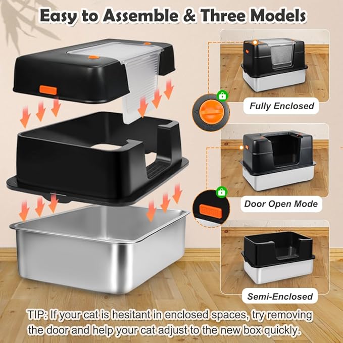 Vivifying Stainless Steel Litter Box, XL Side Entry Extra Large Litter Box with Lid for Big Cats & Kitty, Removable Enclosed Metal Cat Pan with High Sided Enclosure, Scoop, Mat, Footboard (Black)-Mewly Pet