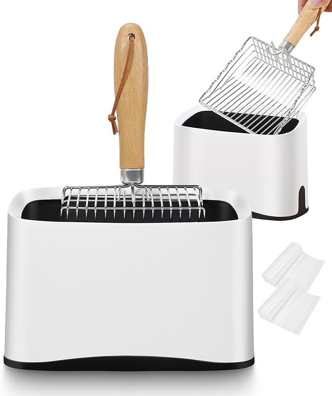 Metal Cat Litter Scoop with Holder, Poop Scooper with Stand&2 Rolls of Garbage Bag, Heavy Duty Stainless Steel Shovel with Wooden, Kitty Quick Sifter for Easy Cleaning, Essential Item for Cat-Mewly Pet