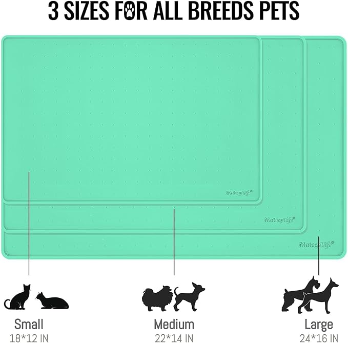 MateeyLife Dog & Cat Food Mat - Waterproof, Nonslip, Raised Edges, Silicone Tray for Messy Drinkers, 24"x16", Mint Green-Mewly Pet
