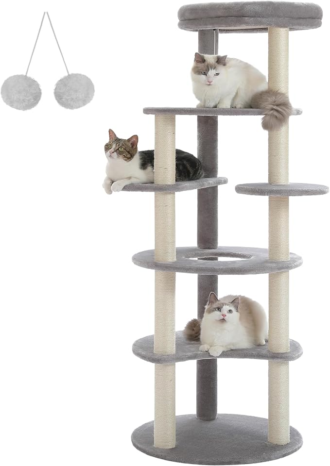 PETEPELA 61" Cat Tree for Indoor Cats, [6-Levels] Cat Climbing Tower with 9 Sisal Scratching Posts and Replaceable Dangling Ball &Top Perch, Grey-Mewly Pet