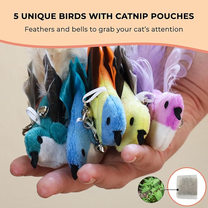 Interactive Catnip Bird Toy Set, Interactive Cat Toys for Indoor Cats, Cat Feather Toy, Suction Cup, Weighted Base, 5 Replacement Birds, Feathers & Bells, Realistic Bird Impression-Mewly Pet