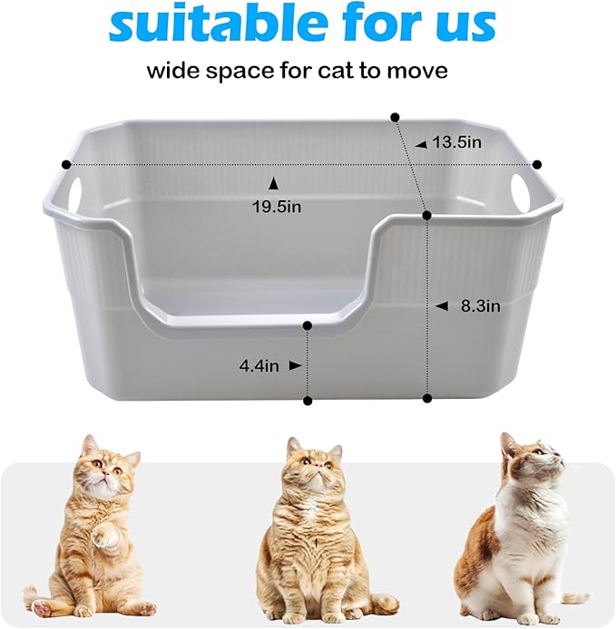 Large Open Cat Litter Box Low Entry,High Sided Cat Litter Pan Anti-Splashing Plastic Kitty Box Grey Kitten Pan with High Wall Easy Clean-Mewly Pet