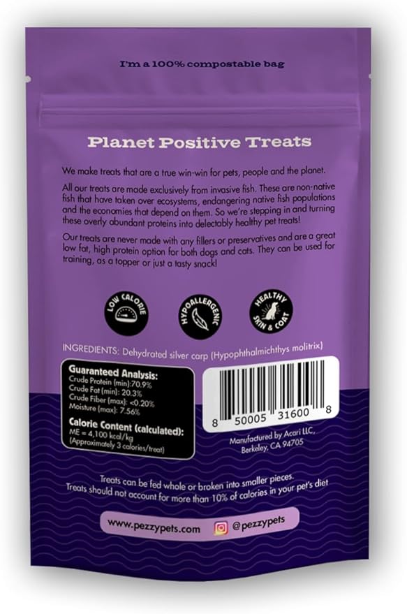 Silver Carp Chips Dog & Cat Treats | Single Ingredient | Wild Caught | Made w/Invasive Fish | Grain Free | High Protein + Low Fat | Hypoallergenic | Compostable Packaging | Made in The USA-Mewly Pet