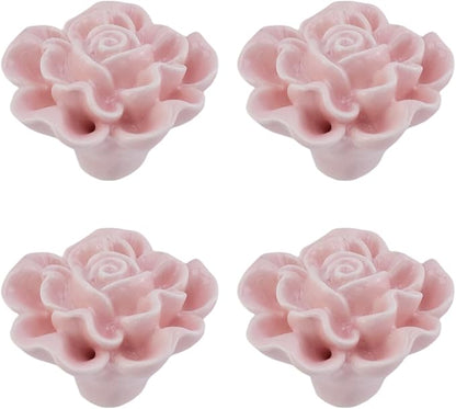 4PCS 1.65" × 1.3" Ceramics Light Pink Rose Knobs Flower Shaped Drawer Pulls for Cupboard with 2 Kinds of Screws