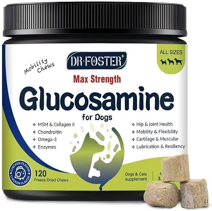 Glucosamine for Dogs, Hip and Joint Supplement for Dogs with Chicken Flavor, Anti Inflammatory, Dog's Chondroitin, Digestive Enzymes, Omega-3, Vitamin D, MSM, Calcium, Turmeric, 120 Freeze-Dried Chews-Mewly Pet