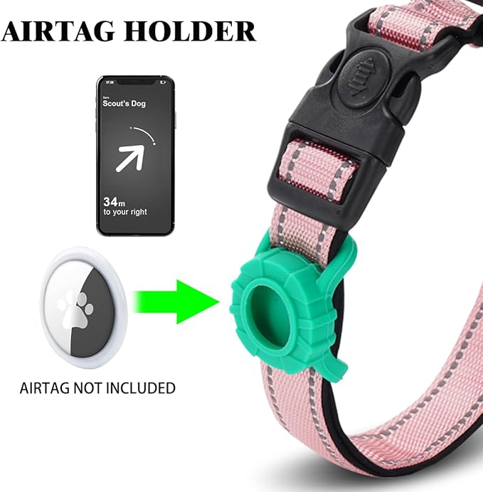 JSXD AirTag Dog Collar, Night Reflective Nylon Dog Collar for Small Medium Large Dogs,Lockable Quick Release Buckle,Padded Breathable Pet Collar with AirTag Holder (Pink, Large)-Mewly Pet