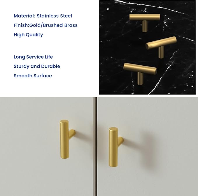 LONTAN 6 Pack Gold Cabinet Knobs and Pulls Brushed Gold Dresser Drawer Knobs Brushed Brass Knobs for Dresser Bathroom Cabinet Door Hardware, Stainless Steel