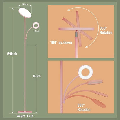 Pink Floor Lamp, 42W 4000LM Super Bright LED Room Lamp with Adjustable Reading Light,Dimmable Modern Standing Lamp with Remote & Touch Control for Room Bedroom Office Floor Light