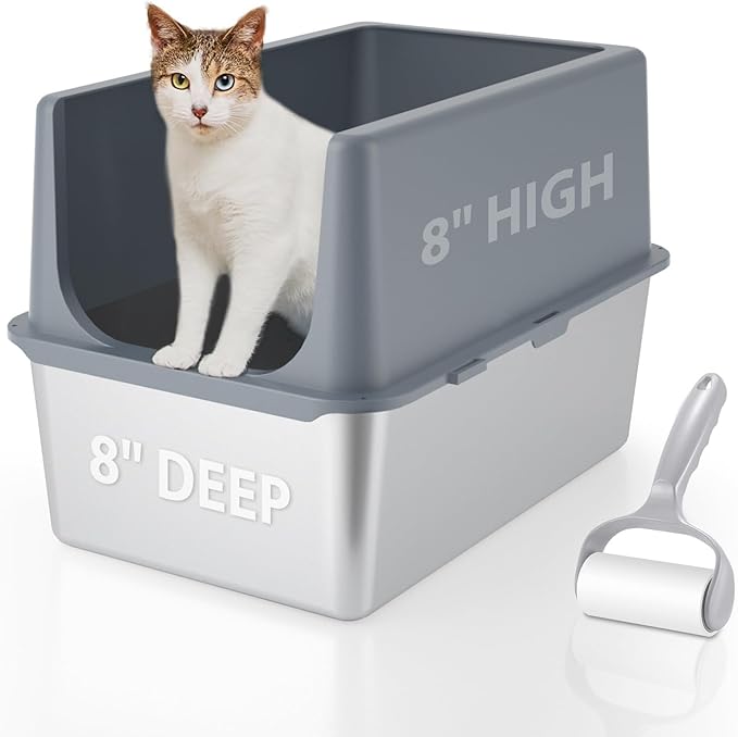 Large Stainless Steel Litter Box with Lid, High Sides, 16" Metal Cat Litter Box, Extra Large Litter Boxes for Big Cats, Tall Cat Litter Pan, Grey, Easy Clean-Mewly Pet