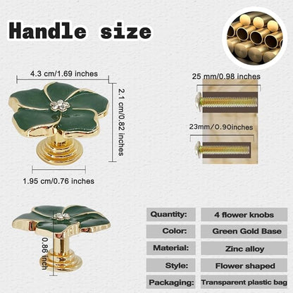 4 pcs Petal Knob Handle Unique Zinc Alloy Flower Shape Single Hole Knob Handle for Cabinets,Drawers, Wardrobes Furniture Decoration(Green (Gold Bottom))