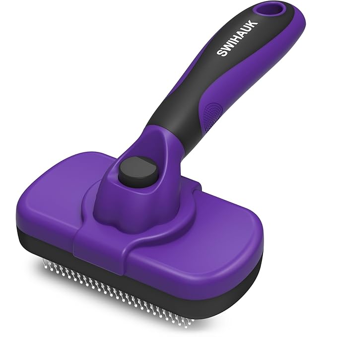 Swihauk Self Cleaning Slicker Brush for Dogs & Cats, Skin Friendly Pet Grooming for Shedding, Deshedding, and Hair Removal - Puppy Brush for Long Haired Pets, Pet Supplies, Purple-Mewly Pet