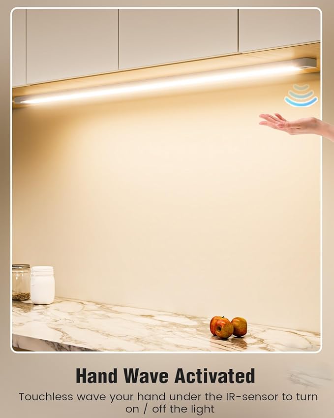 MYPLUS 36 Inch Under Cabinet Lights with Hand Wave, Under Counter Lighting 4000K Natural White,Dimmable,Plug and Play,LED Lights for Kitchen Cabinet, Cupboard, Closet, Desk