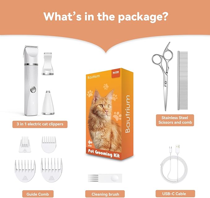 Cat Grooming Clippers Kit with Paw Trimmer, 3 in 1 Electric Pet Hair Trimmer Supplies for Thick Matted Hair, Heavy Coat Butt Shaver Cat Razor Fur Trimmer for Dogs at Home-Mewly Pet
