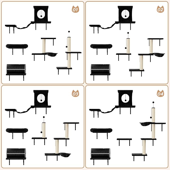 NUNU LAB Wall Mounted Cat Furniture, 7 Pcs Cat Wall Shelves with House, Tunnel, Bridge, Steps, Scratcher, Hammock, Bed, Indoor Safe & Stable Furniture for Kittens Play, Black-Mewly Pet