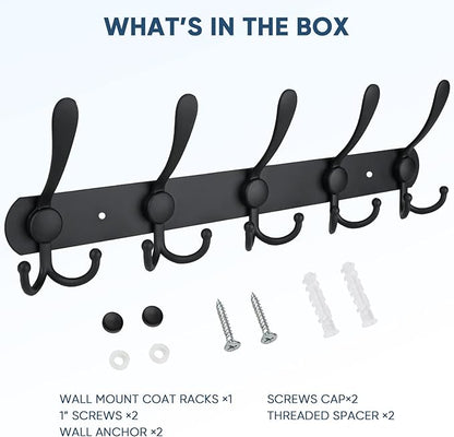 TICONN Wall Mounted Coat Rack, Five Heavy Duty Tri Hooks All Metal Construction for Jacket Coat Hat in Mudroom Entryway (Matte Black, 1-Pack)