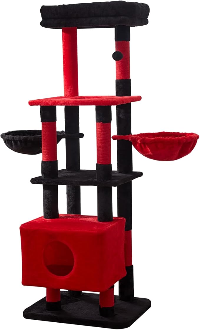 Gardner Pet 65in Heavy Duty Cat Tree Tower for Large Cats, Multi-Level Cat Furniture with Replaceable Sisal Scratching Post, Hammock | Extra-Large Platform & Condo (Black Red, Basic φ:2.84")-Mewly Pet