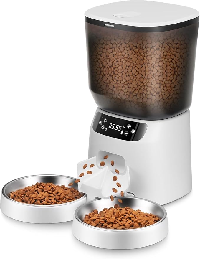 Automatic Cat Feeders for Two Cats, 5L/20 Cups Double Automatic Cat Food Dispenser with 2 Stainless Bowls, Timer Setting 20 Portions 6 Meals Per Day, 10s Meal Call, Pet Feeder for Dog (White)-Mewly Pet