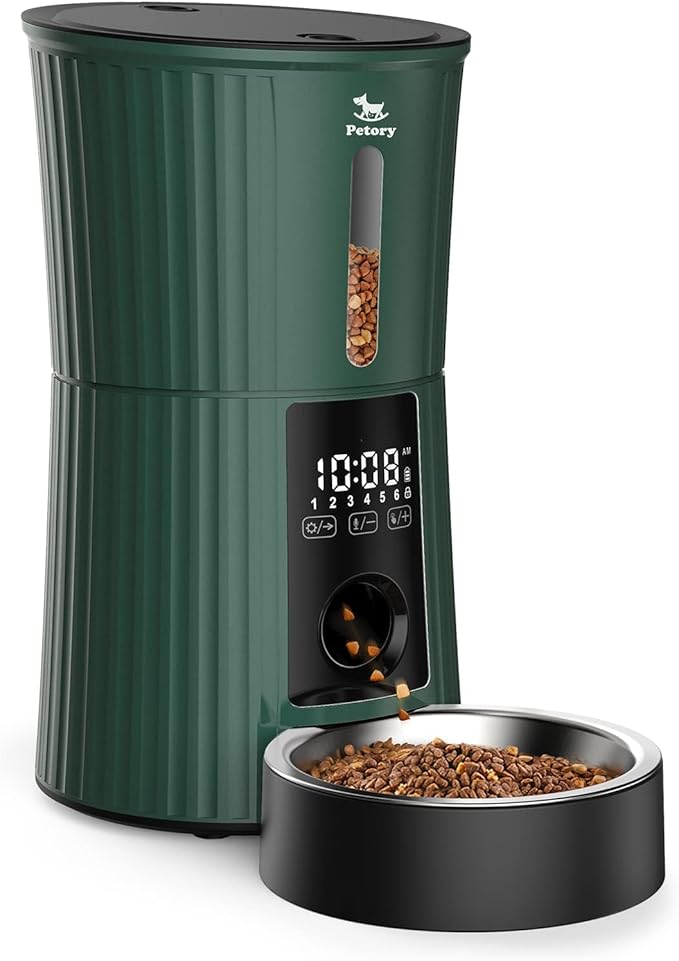 Petory Timed Automatic Cat Feeders - 4L Programable Dry Food Dispenser for Cats and Small Medium Dogs 6 Meals with Desiccant Bag Dual Power Supply 10S Voice Recorder-Mewly Pet
