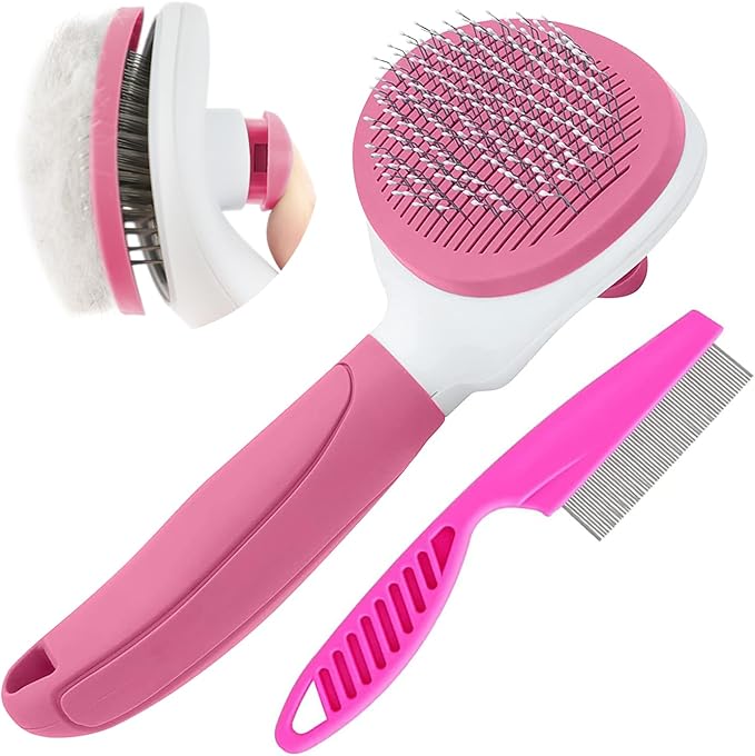 Cat Brushes for Indoor Cats, Dog Brush for Shedding with Metal Cat Comb, Self Cleaning Pet Hair Brush with Release Button for Grooming Kitten(Pink)-Mewly Pet