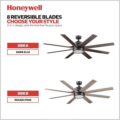 Honeywell Ceiling Fans Xerxes Modern 62 Inch Ceiling Fan with Light, Remote Control Fan, LED Indoor Fan with 8 Blades, Dark Elm and Rough Pine Blade Finish Options, Bronze (50609-01)