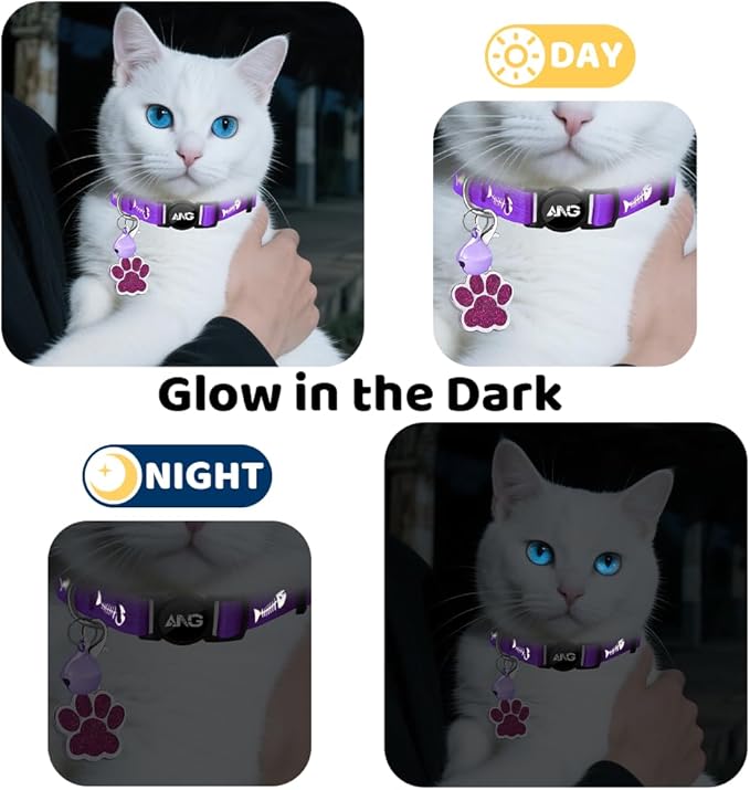 Personalized Breakaway Cat Collars Glow-in-The-Dark with ID Tag, Bell - Safety Quick - Release, Customizable for Female Male Kittens & Cats (Purple)-Mewly Pet