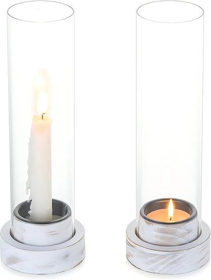 NUPTIO Dripless Candlestick Holders with Wax Catchers: Set of 2 Hurricane Glass Candle Holders with Metal Bobeches for Easier Reuse - White Wood Farmhouse Home Decor for Christmas Fireplace
