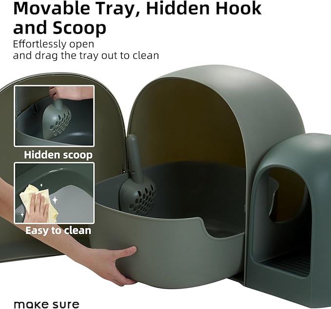MS!MAKE SURE Cat Litter Box, Large Covered Hidden Dog Proof Closed Modern Cat Litter Box Furniture with Scoop, for Odor Control and Less Tracking, Easy to Clean,26.7"x19.6"19.6", Moss Green-Mewly Pet