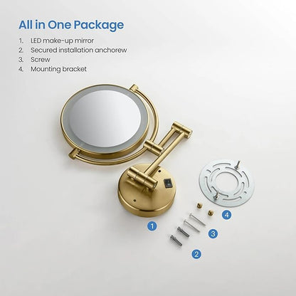 KIBI Circular Wall Mount Makeup Mirror with LED Lights, Dual-Sided 1x/5x Magnifying Mirror with Adjustable Arm, 360° Swivel, Solid Brass Construction for Durability and Style (Brushed Brass, KMM101)