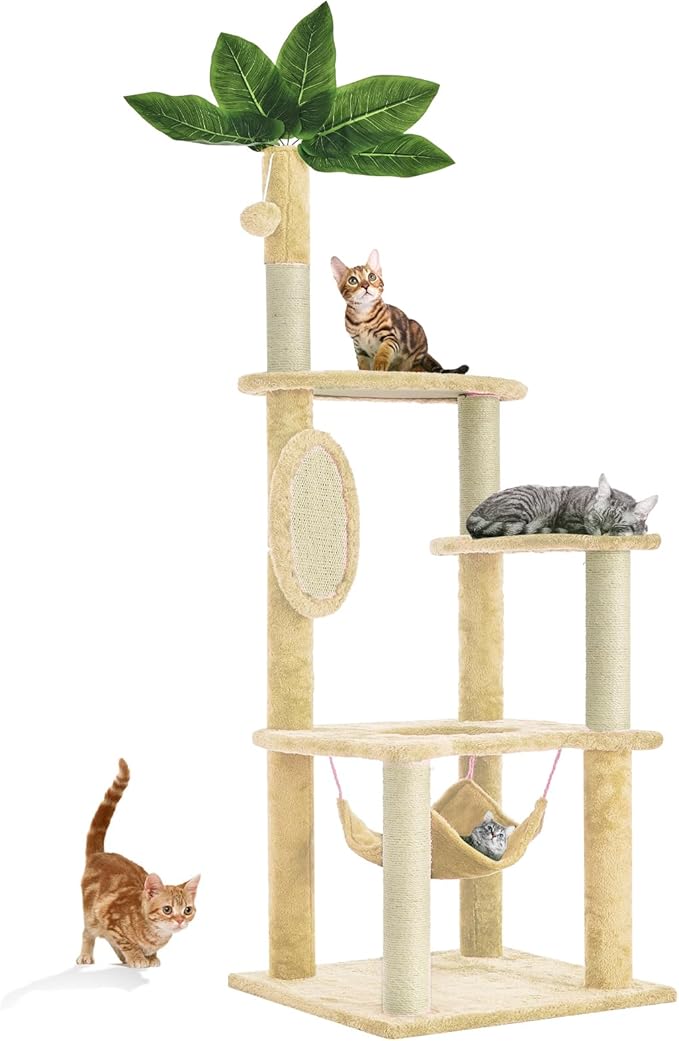 55 Inch Large Cat Tree Tower for Indoor Cats with Hammock Green Leaves Sisal Scratching Post, Plush Hang Ball Play Furniture for Kittens & Adult Cats, New Beige-Mewly Pet